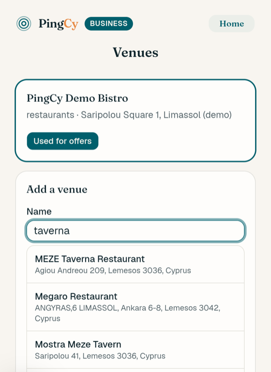 Venue suggestions appearing while typing