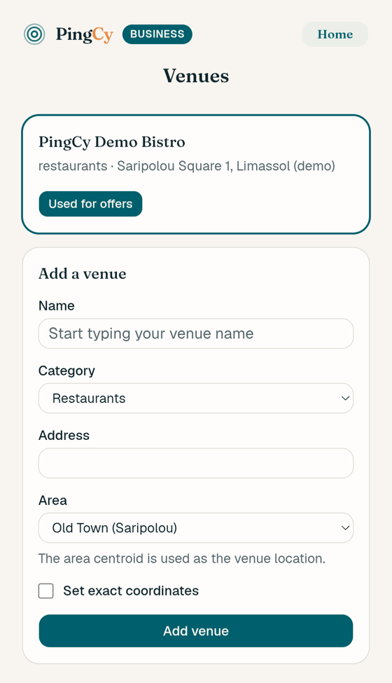 The Venues screen with the Add a venue form